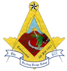 logo of the Darling Range Lodge No 112, depicting a square and compass with a road running over the rolling hills, fruit trees and grape vines on either side of the road, the road winding up the hills to the sun.