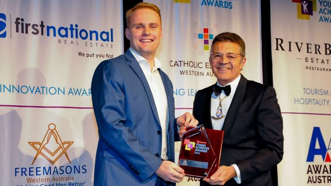 Feat Freemasons Winner Ben Healy WA Young Achiever Award winner Ben Healy presented with award by Grand Master Daniel Ganon.