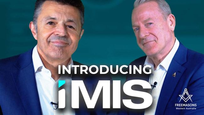 Introducing iMIS Two men smiling with overlay text introducing iMIS